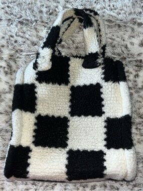 SHEIN Black and White Checkerboard Faux Sherpa Tote